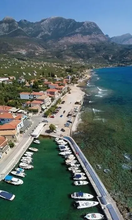 Framed Print : Aerial view of Aghios Nikolaos fish village and harbor in Mani, Greece Framed Print : Aerial view of Aghios Nikolaos fish village and harbor in Mani, Greece