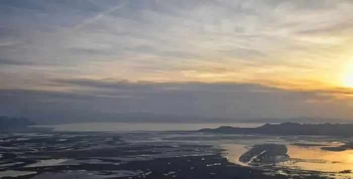 Framed Print : Aerial view from airplane of Antelope Island at sunset Framed Print : Aerial view from airplane of Antelope Island at sunset