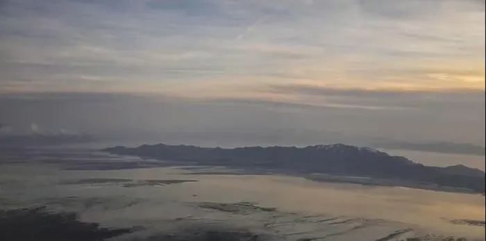 Framed Print : Aerial view from airplane of Antelope Island at sunset Framed Print : Aerial view from airplane of Antelope Island at sunset