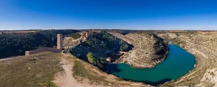Framed Print : Aerial view of Alarcon castle, parador and fortifications along the Jucar river in Albacete province Spain Framed Print : Aerial view of Alarcon castle, parador and fortifications along the Jucar river in Albacete province Spain