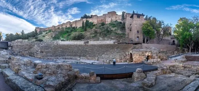 Framed Print : Aerial view of the Alcazaba in Malaga and the Castillo de Gibralfaro from the Moorish Arab times in Southern Spain