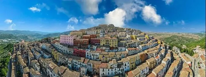 Framed Print : Aerial view of ancient small town of Calitri, near avellino, campania, italy Framed Print : Aerial view of ancient small town of Calitri, near avellino, campania, italy