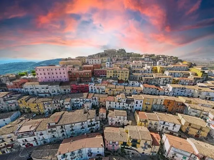 Framed Print : Aerial view of ancient small town of Calitri, near avellino, campania, italy Framed Print : Aerial view of ancient small town of Calitri, near avellino, campania, italy