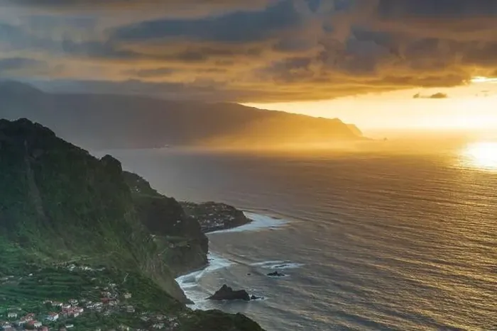 Framed Print : Aerial view of Arco de Sao Jorge and Ponta Delgada villages on cliffs on the north coast of Madeira island, Portugal Framed Print : Aerial view of Arco de Sao Jorge and Ponta Delgada villages on cliffs on the north coast of Madeira island, Portugal