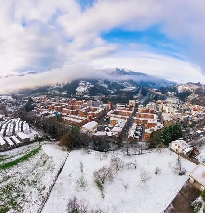 Framed Print : Aerial view of the Asturian town of Blimea under a snowfall, Spain Framed Print : Aerial view of the Asturian town of Blimea under a snowfall, Spain