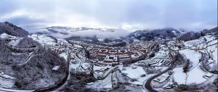 Framed Print : Aerial view of the Asturian town of Blimea under a snowfall, Spain Framed Print : Aerial view of the Asturian town of Blimea under a snowfall, Spain