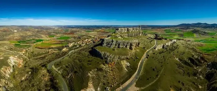 Framed Print : Aerial view of Atienza medieval town and castle in Spain with blue sky