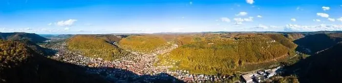 Framed Print : Aerial view of Bad Urach in front of mountain landscape of Swabian Alb Framed Print : Aerial view of Bad Urach in front of mountain landscape of Swabian Alb
