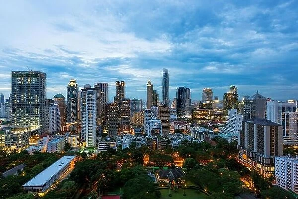 Aerial view of Bangkok City skyline at sunset with skyscrapers of midtown bangkok, Thailand