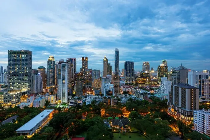 Framed Print : Aerial view of Bangkok City skyline at sunset with skyscrapers of midtown bangkok, Thailand Framed Print : Aerial view of Bangkok City skyline at sunset with skyscrapers of midtown bangkok, Thailand