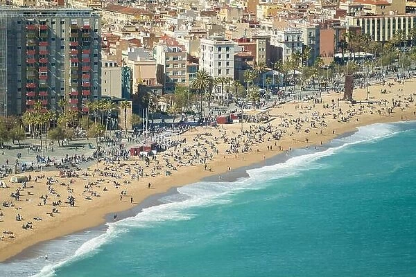 Aerial view of Barcelona, Barceloneta beach and Mediterranean sea in summer day at Barcelona, Spain