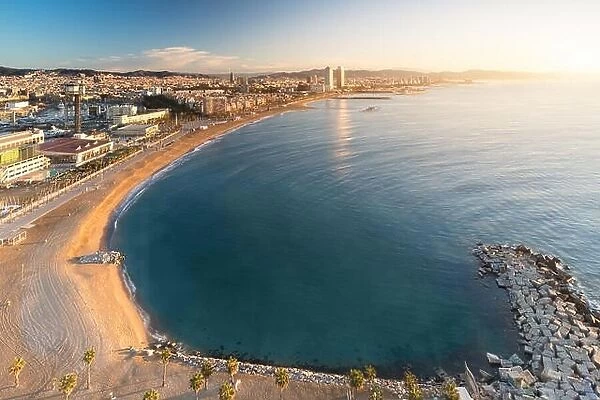 Aerial view of Barcelona Beach in summer morning along seaside in Barcelona, Spain. Mediterranean Sea in Spain