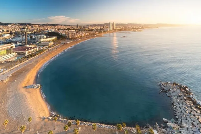 Framed Print : Aerial view of Barcelona Beach in summer morning along seaside in Barcelona, Spain. Mediterranean Sea in Spain Framed Print : Aerial view of Barcelona Beach in summer morning along seaside in Barcelona, Spain. Mediterranean Sea in Spain