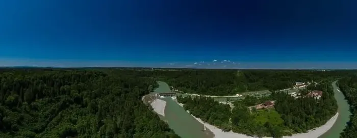 Framed Print : Aerial view over the bavarian Isar river and a weir next to green trees of a big forest Framed Print : Aerial view over the bavarian Isar river and a weir next to green trees of a big forest