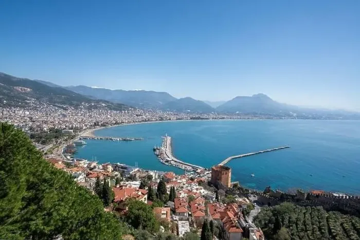 Framed Print : An aerial view of the bay Alanya in Antalya Turkey. Sea and city with an open sky