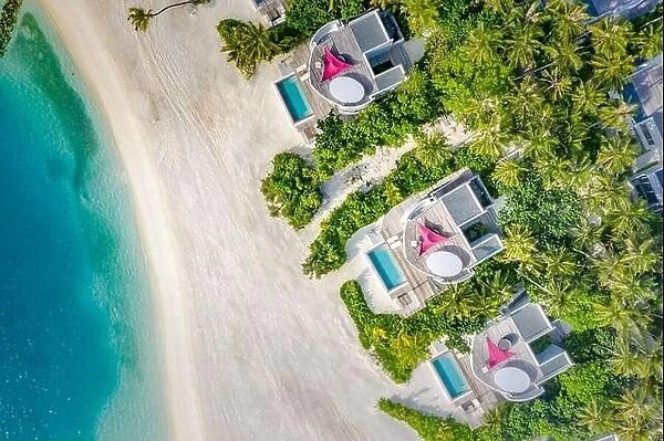 Aerial view of beach luxury villas of Indian Ocean. Summer holiday tropical landscape with palm trees, parasols white sand blue water, travel vacation
