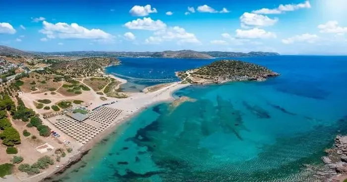 Framed Print : Aerial view of the beautiful beach at Agios Nikolaos Framed Print : Aerial view of the beautiful beach at Agios Nikolaos