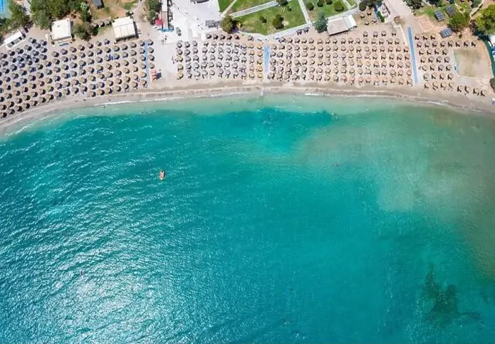 Framed Print : Aerial top view of the beautiful beach at Vouliagmeni, south Athens Framed Print : Aerial top view of the beautiful beach at Vouliagmeni, south Athens