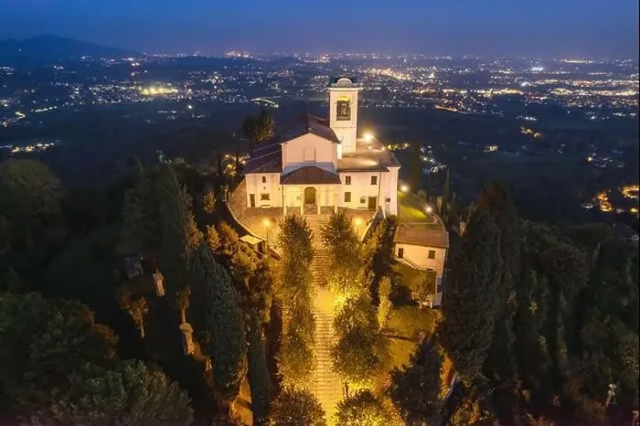 Framed Print : Aerial view of the beautiful church during dawn, Montevecchia, Lombardy, Italy