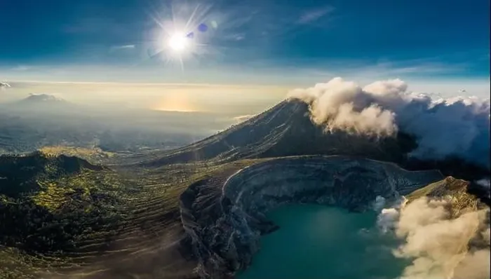 Framed Print : Aerial view of beautiful Ijen volcano with acid lake and sulfur gas going from crater Framed Print : Aerial view of beautiful Ijen volcano with acid lake and sulfur gas going from crater