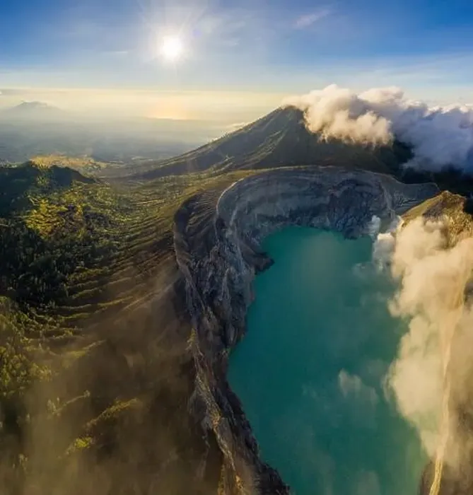 Framed Print : Aerial view of beautiful Ijen volcano with acid lake and sulfur gas going from crater Framed Print : Aerial view of beautiful Ijen volcano with acid lake and sulfur gas going from crater