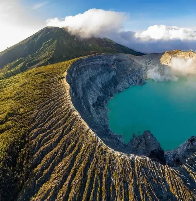 Framed Print : Aerial view of beautiful Ijen volcano with acid lake and sulfur gas going from crater Framed Print : Aerial view of beautiful Ijen volcano with acid lake and sulfur gas going from crater