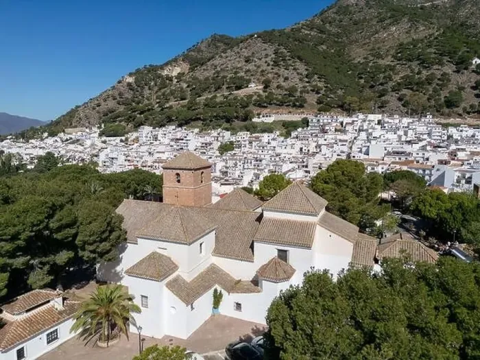 Framed Print : aerial view of the beautiful Mediterranean village of Mijas on the Costa del Sol of Malaga, Spain