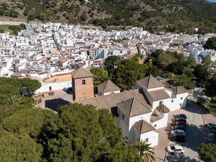 Framed Print : aerial view of the beautiful Mediterranean village of Mijas on the Costa del Sol of Malaga, Spain