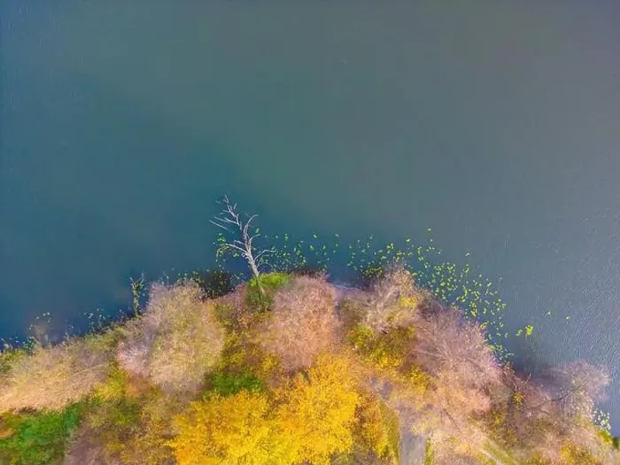 Framed Print : Aerial view of beautiful smooth green waters of a lake on a sunny autumn day