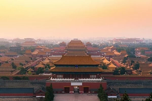 Aerial view of Beijing forbidden city scenery at sunset in China