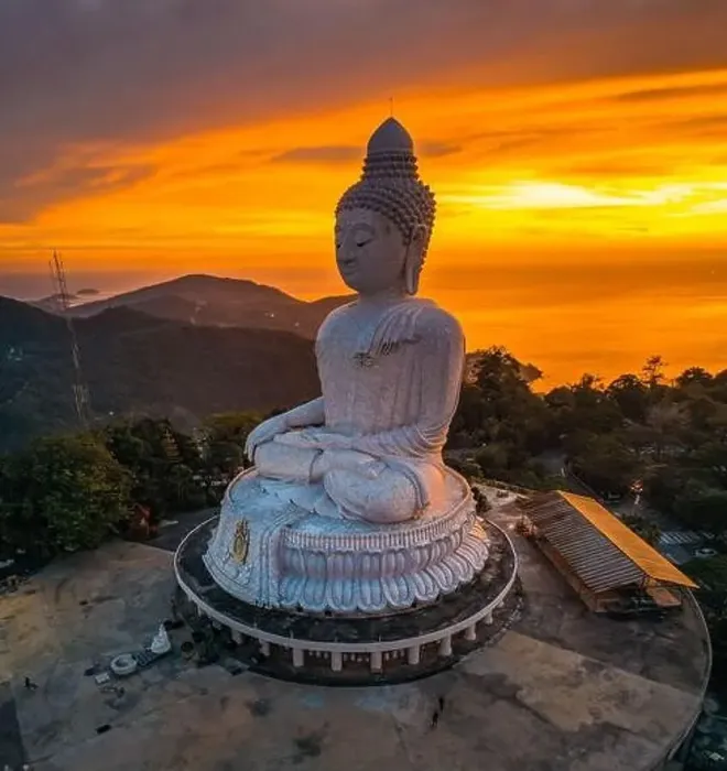 Framed Print : Aerial view of Big Buddha viewpoint at sunset in Phuket province, Thailand