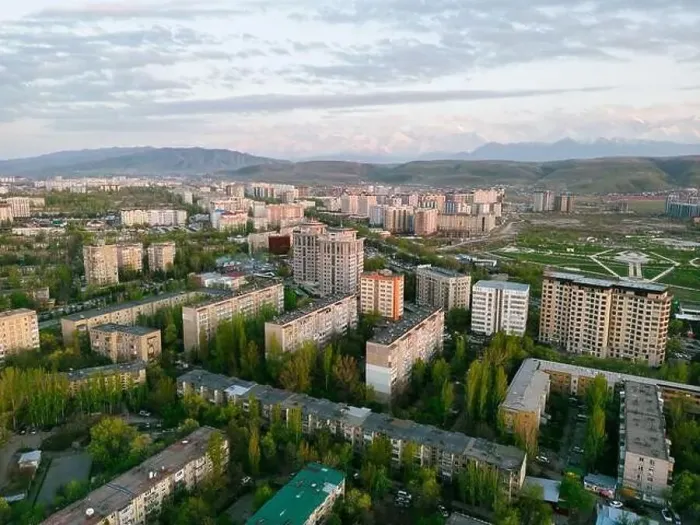 Framed Print : Aerial view of Bishkek city Kyrgyzstan with snowy mountains in the background