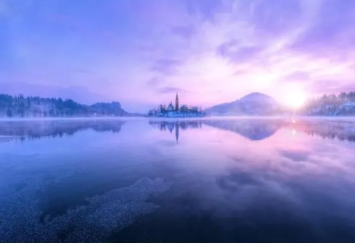 Framed Print : Aerial view of Bled lake in sunrise light, beautiful island with old church. Slovenia Framed Print : Aerial view of Bled lake in sunrise light, beautiful island with old church. Slovenia