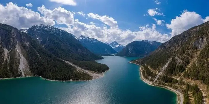 Framed Print : aerial view to blue lake plansee at spring with austrian mountain slps