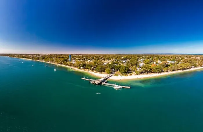 Framed Print : Aerial view of Bongaree Jetty on Bribie Island, Sunshine Coast, Queensland, Australia Framed Print : Aerial view of Bongaree Jetty on Bribie Island, Sunshine Coast, Queensland, Australia