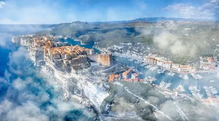 Framed Print : Aerial view of Bonifacio town in Corsica island, France Framed Print : Aerial view of Bonifacio town in Corsica island, France