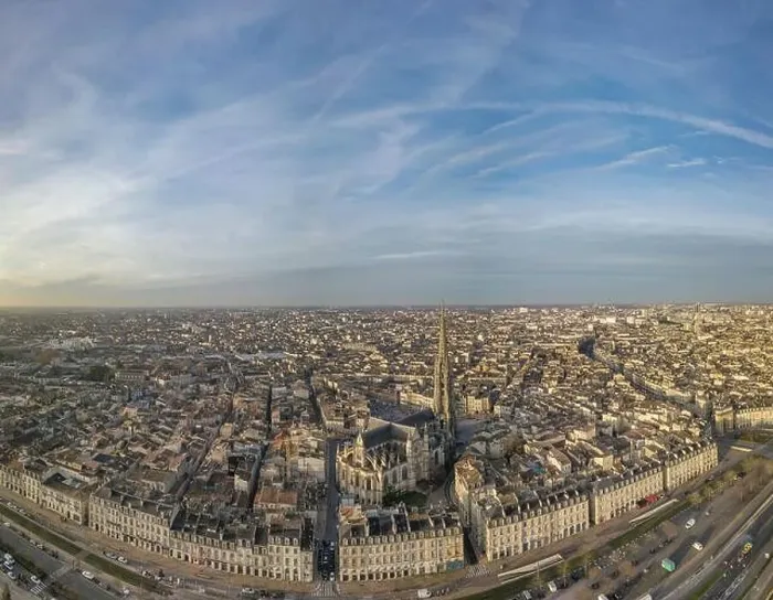 Framed Print : Aerial view of Bordeaux, Saint Michel Church and Garonne river, filmed by drone, France Framed Print : Aerial view of Bordeaux, Saint Michel Church and Garonne river, filmed by drone, France