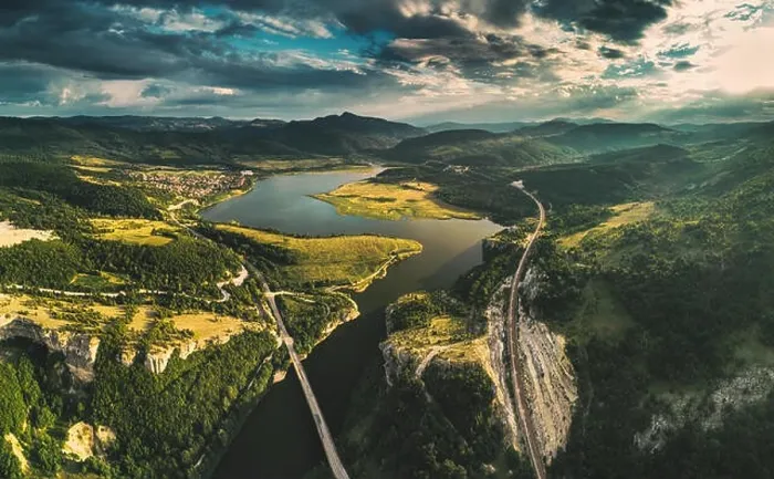 Framed Print : Aerial view of a bridge crossing the Tsonevo lake near Varna Framed Print : Aerial view of a bridge crossing the Tsonevo lake near Varna