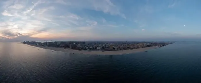 Framed Print : Aerial view of Brighton Beach and Coney Island with Manhattan in the background at sunset Framed Print : Aerial view of Brighton Beach and Coney Island with Manhattan in the background at sunset