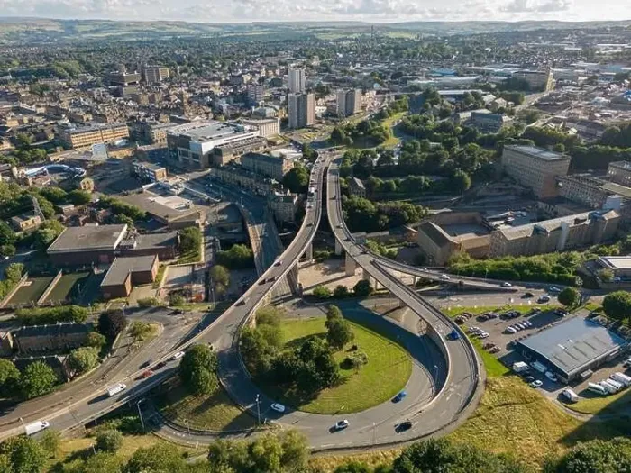 Framed Print : Aerial view of Burdock Way and North Bridge with the Town of Halifax, West Yorkshire, UK in the distance Framed Print : Aerial view of Burdock Way and North Bridge with the Town of Halifax, West Yorkshire, UK in the distance