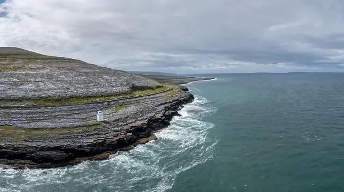 Framed Print : Aerial view of the Burren Coast in County Clare with the Black Head Lighthouse on the rocky point Framed Print : Aerial view of the Burren Coast in County Clare with the Black Head Lighthouse on the rocky point