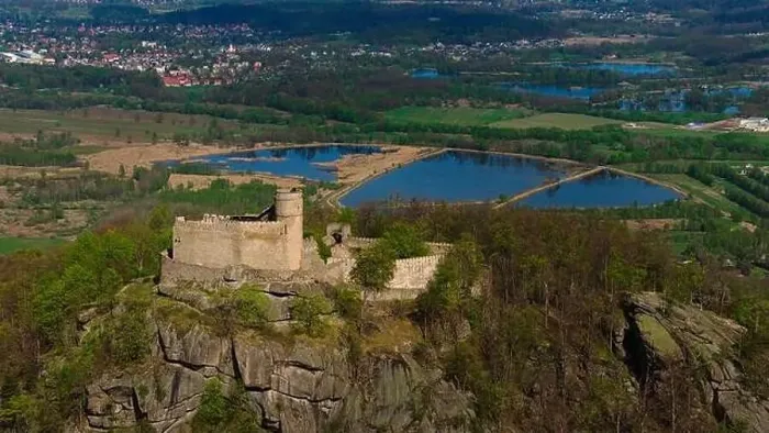 Framed Print : An aerial view captures the medieval Chojnik Castle atop a mountain in the Karkonosze range Framed Print : An aerial view captures the medieval Chojnik Castle atop a mountain in the Karkonosze range