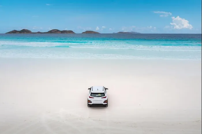Framed Print : Aerial view of car parking in beach at Lucky Bay in Cape Le Grand National Park, near Esperance, Western Australia, Australia. Travel and Vacation con