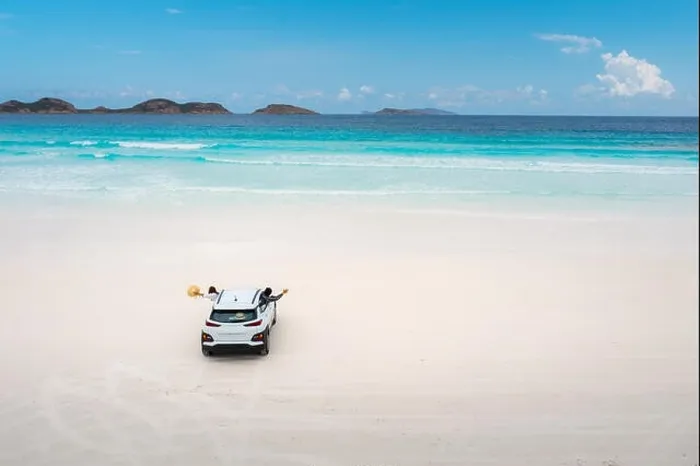 Framed Print : Aerial view of car parking in beach at Lucky Bay in Cape Le Grand National Park, near Esperance, Western Australia, Australia. Travel and Vacation con Framed Print : Aerial view of car parking in beach at Lucky Bay in Cape Le Grand National Park, near Esperance, Western Australia, Australia. Travel and Vacation con