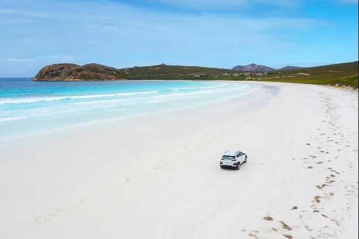 Framed Print : Aerial view of car parking in beach at Lucky Bay in Cape Le Grand National Park, near Esperance, Western Australia, Australia Framed Print : Aerial view of car parking in beach at Lucky Bay in Cape Le Grand National Park, near Esperance, Western Australia, Australia