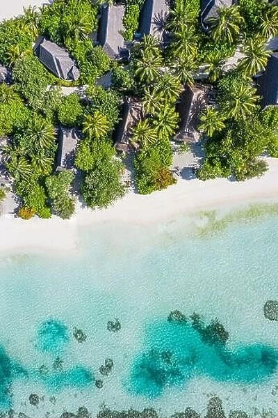 Aerial view of Caribbean resort. Top view of amazing tropical landscape, shallow sea lagoon, relax sandy beach and palm trees around villas, bungalows