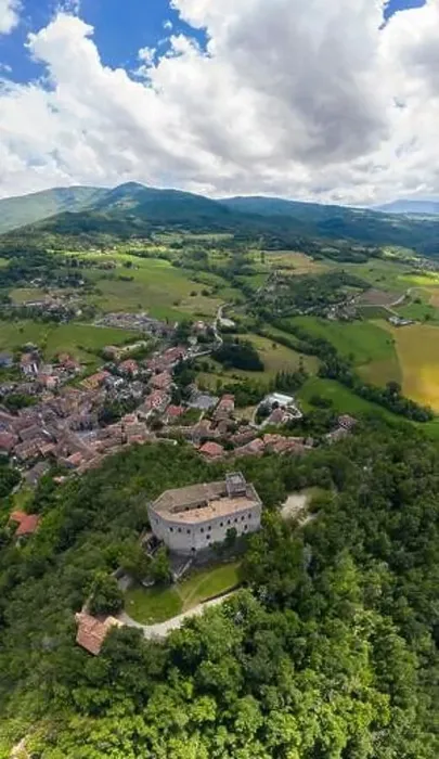 Framed Print : Aerial view of the Castello dal Verme in Zavattarello town Framed Print : Aerial view of the Castello dal Verme in Zavattarello town