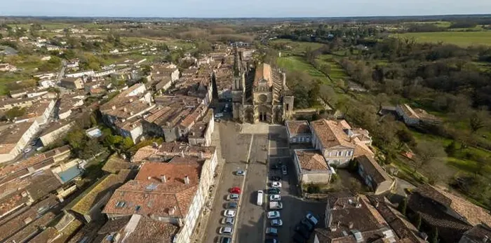 Framed Print : Aerial view, Cathedral of Bazas film by drone, Gironde, Aquitaine, France, Europe