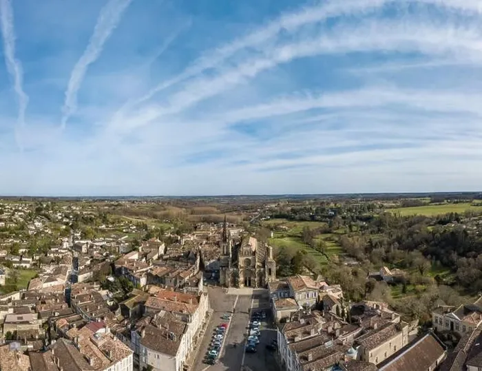 Framed Print : Aerial view, Cathedral of Bazas film by drone, Gironde, Aquitaine, France, Europe