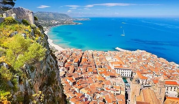 Aerial view at Cefalu from La Rocca hill, Sicily, Italy